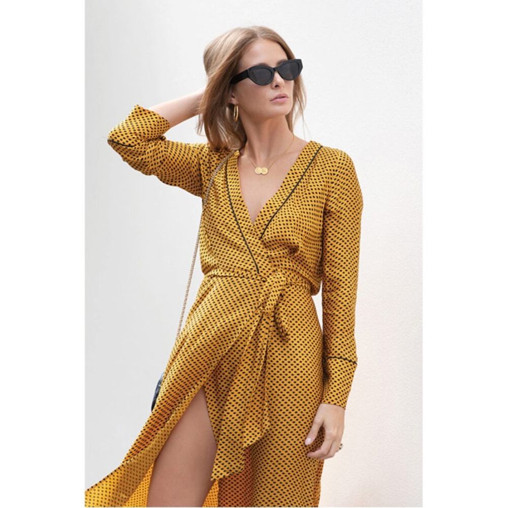 Bec & Bridge Sun Valley Wrap Dress Mustard Black Polka Dot Midi SZ 4 US